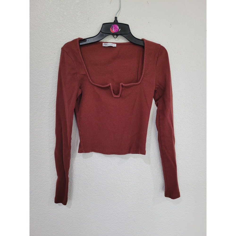 Zara Womens Ribbed Long Sleeve Notch Square Neck Cropped Top Rust Brown M #18